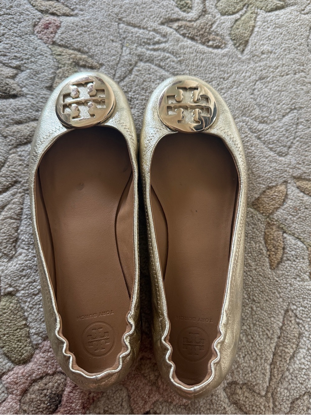 Tory Burch Metallic Gold Logo Ballet Flats